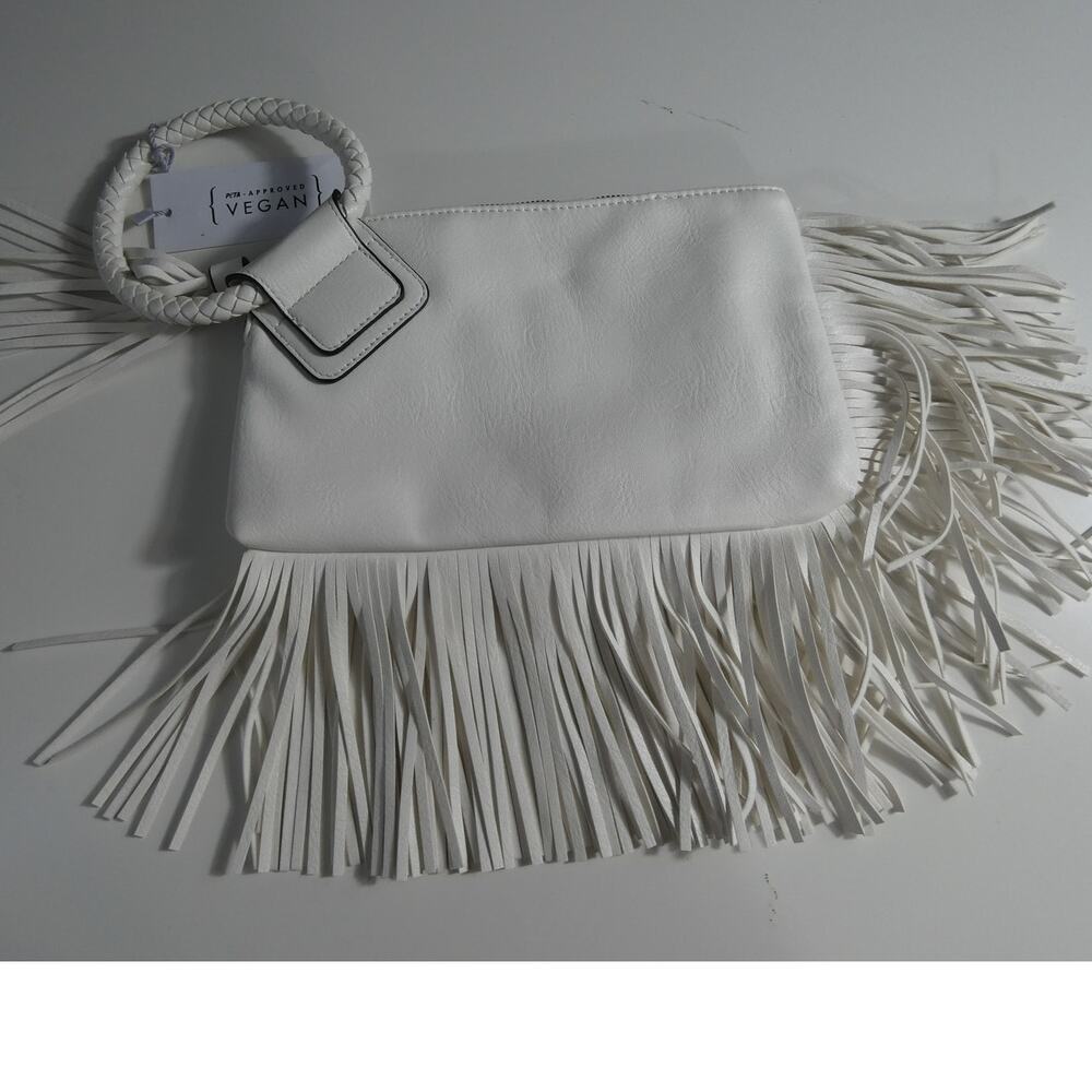 Calin Collection White Vegan Faux Leather Fringed Wristlet/Handbag Zipper NWT